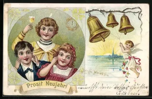 Lithographie Neujahr läutet Glocken, Familie stösst an, Prosit Neujahr