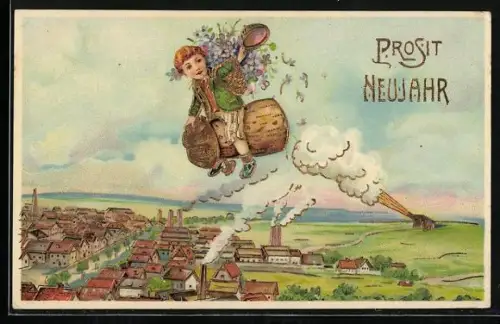 AK Kind mit Blumen fliegt auf einem Korken durch die Luft, Prosit Neujahr