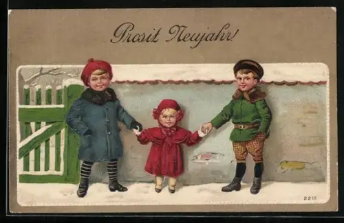 Präge-AK Drei Kinder stehen vor einer Mauer im Schnee, Prosit Neujahr