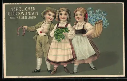 Künstler-AK Kinder mit Hufeisen, Klee und Blumen, Neujahr