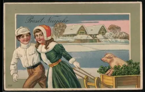 Präge-AK Paar zieht einen Schlitten mit Klee und Schwein durch den Schnee, Prosit Neujahr