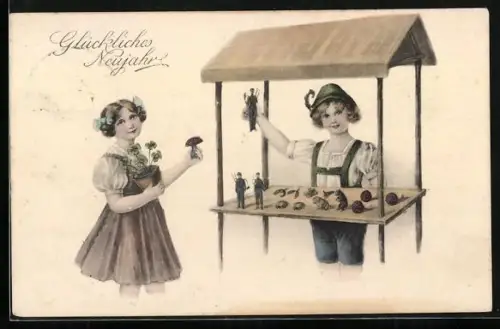 Künstler-AK Kinder mit Klee, Fliegenpilz und Schornsteinfeger-Figuren