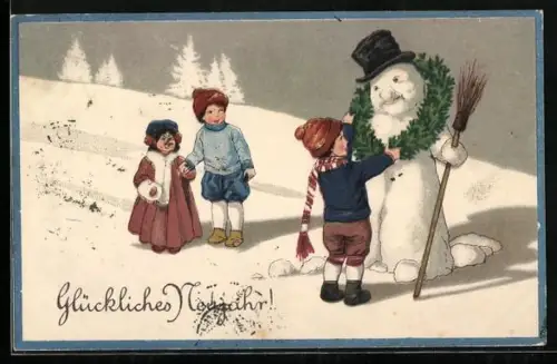 Künstler-AK Kinder mit ihrem Schneemann, Glückliches Neujahr