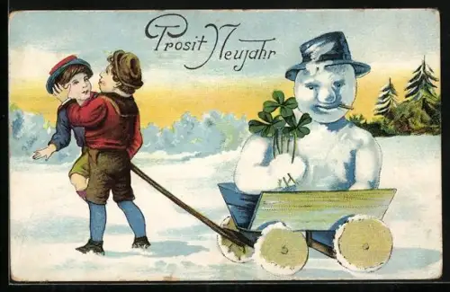 Künstler-AK Kinder ziehen einen Schneemann mit Klee in einem Bollerwagen hinter sich her