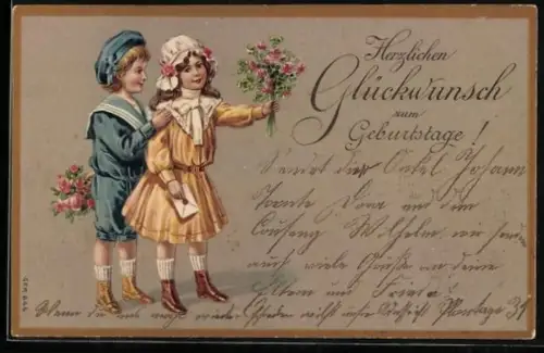 Präge-AK Kinder bringen Blumensträusse und einen Brief zum Geburtstag