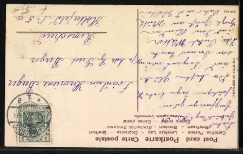 Präge-AK Junge mit einem Gespann aus zwei kleinen Kindern mit Blumensträussen