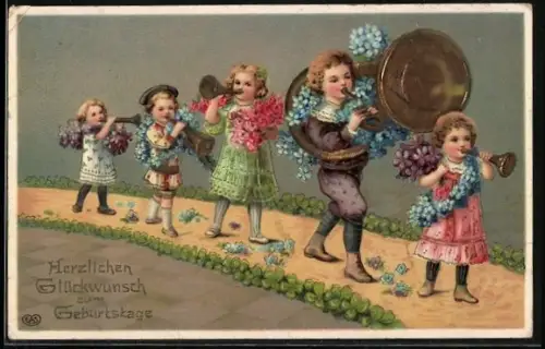 Künstler-AK Kinder musizieren und bringen Blumen zum Geburtstag
