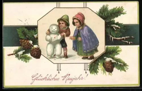 Künstler-AK Zwei Kinder mit einem kleinen Schneemann, Glückliches Neujahr
