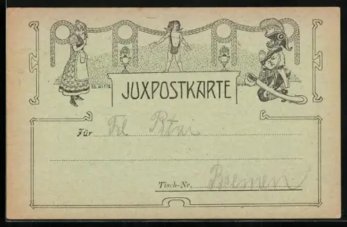 Lithographie Amor steht mit Briefen in den Händen zwischen einem Paar