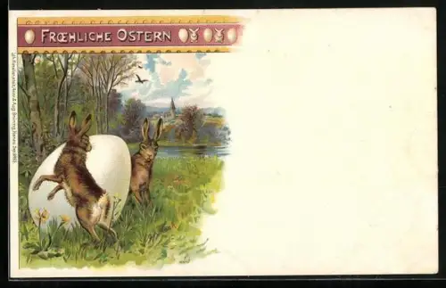 Lithographie Zwei Osterhasen mit einem grossen Osterei, Froehliche Ostern