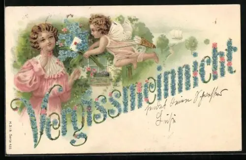 Künstler-AK Amor bringt einer Frau einen Brief und einen Strauss Vergissmeinnicht