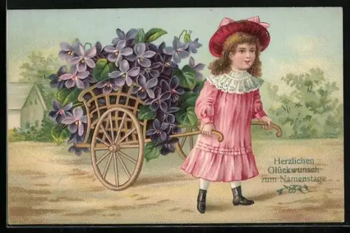 Präge-AK Mädchen zieht einen Karren mit Veilchen, Herzlichen Glückwunsch zum Namenstag
