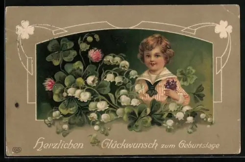 Präge-AK Junge mit Klee und Maiglöckchen zum Geburtstag