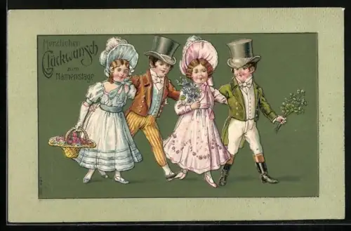 Präge-AK Vier Kinder bringen Blumen zum Namenstag