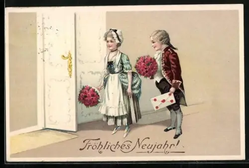 Präge-AK Zwei Kinder in Rococo Kleidung bringen Blumen zum Neujahr