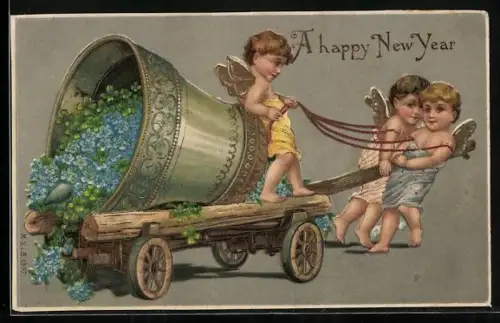 Präge-AK Drei Neujahrsengel mit einer Glocke voller Blumen, A happy New Year
