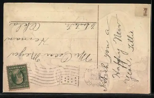 Präge-AK Drei Neujahrsengel mit einer Glocke voller Blumen, A happy New Year