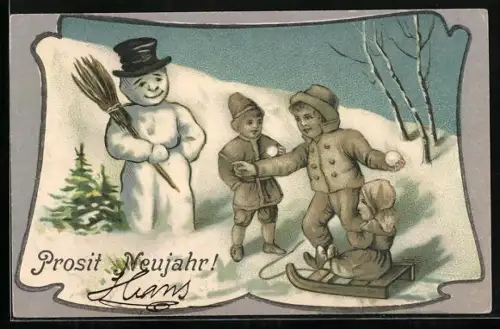 Präge-AK Kinder im Schnee mit einem Schneemann, Prosit Neujahr