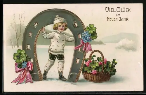 Künstler-AK Kind mit riesigem Hufeisen und Klee, Viel Glück im Neuen Jahr