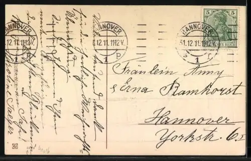 Präge-AK Zwei Kinder tragen einen Korb voller Klee mit einem Hufeisen, Prosit Neujahr