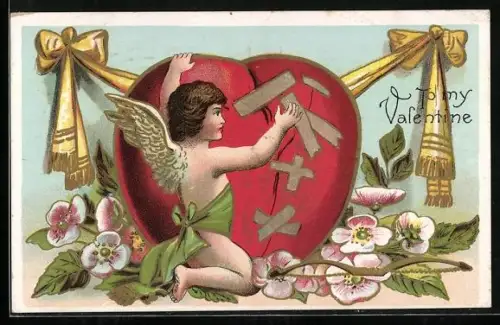 Künstler-AK Amor klebt ein gebrochenes Herz, To my Valentine