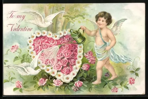 Präge-AK Engel giesst ein Herz aus Rosen und Margeriten, To my Valentine