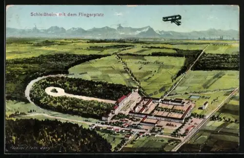 AK Schleissheim, Fliegerplatz aus der Vogelschau, Flughafen