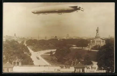 AK Hamburg, Zeppelin Hansa fliegt über der Stadt