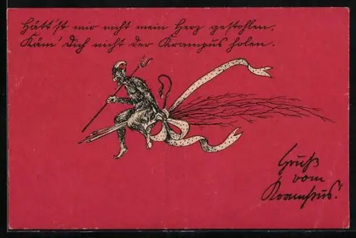 Künstler-AK Krampus reitet auf einer Rute, Gruss vom Krampus