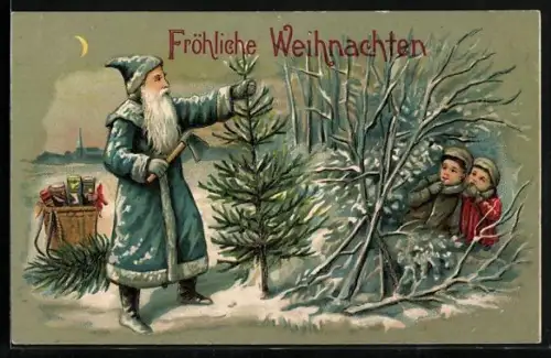 Künstler-AK Zwei Kinder beobachten den Weihnachtsmann im Schnee