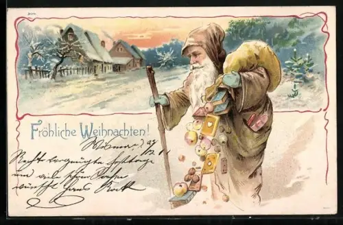 AK Dem Weihnachtsmann fallen Lebkuchen, Nüsse und Bücher aus dem Geschenkesack