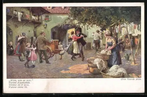 Künstler-AK Wien, wie es war, Paar tanz zur Musik des Leierkasten-Spielers