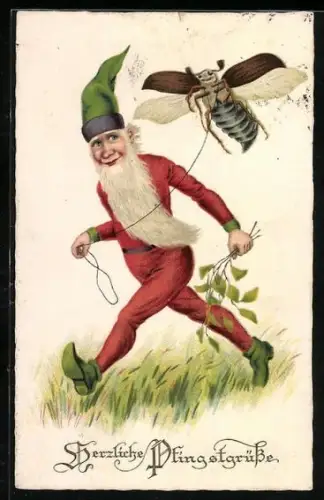 AK Zwerg mit Maikäfer an einer Leine, Pfingstgrüsse