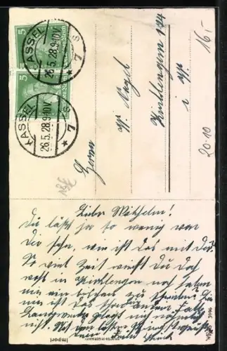 AK Zwerg mit Maikäfer an einer Leine, Pfingstgrüsse