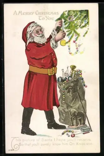 Präge-AK Weihnachtsmann schmückt einen Weihnachtsbaum, A merry Christmas to you