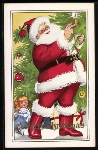 AK Weihnachtsmann zündet die Kerzen am Tannenbaum an, A merry Christmas