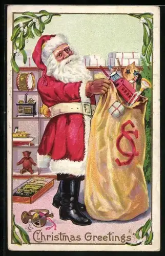 AK Weihnachtsmann mit Sack voller Geschenken