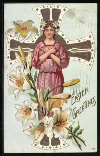 AK Ostergrüsse mit einer jungen Frau im pinken Kleid und Frühblühern, Jugendstil