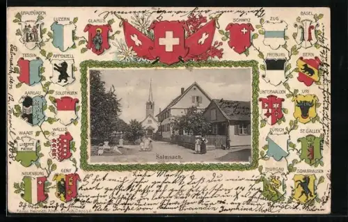 AK Salmsach, Ortspartie mit Kirche, Wappen