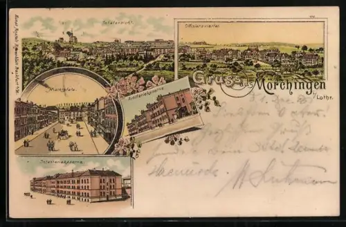 AK Mörchingen i. Lothr., Artilleriekaserne, Infanteriekaserne, Offiziersviertel und Marktplatz
