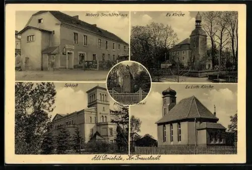 AK Alt Driebitz /Fraustadt, Weber`s Geschäftshaus, Ev. Kirche, Schloss