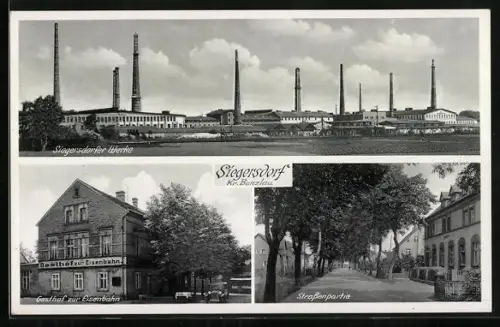 AK Siegersdorf /Bunzlau, Gasthof zur Eisenbahn, Bes. Marg. Beer, Werke und Strassenpartie