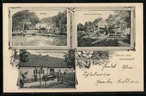 AK Kochsdorf, Gasthaus von Paul Bartsch, Schloss und Partie an der Mühle