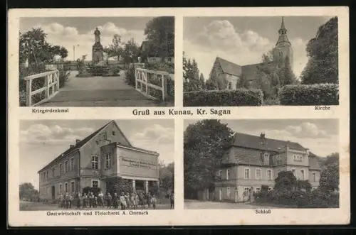 AK Kunau /Sagan, Gasthaus und Fleischerei A. Gnensch, Schloss und Kirche