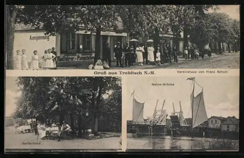 AK Trebitsch /N.-M., Gasthaus, Radfahrer-Pumpstation, Netze-Brücke und Vereinshaus von Franz Schulz