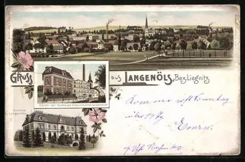 Lithographie Langenöls /Liegnitz, Contor der Schlesisch. Holz-Industrie-Gesellschaft, Schloss