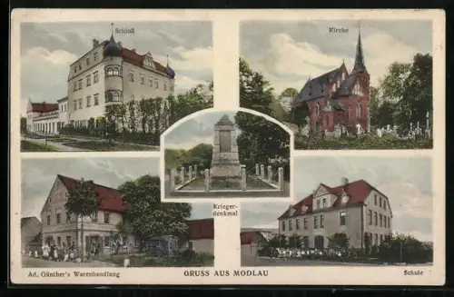 AK Modlau, Ad. Günther`s Warenhandlung, Kirche und Schule