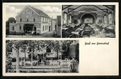 AK Gremsdorf, Uffelmanns Gasthaus mit Innenansicht, Gesellschaftsgarten mit Terrazzo-Tanzdiele