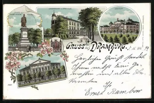 Lithographie Dramburg, Gymnasium, Seminar, Landrathsamt und Sparkasse