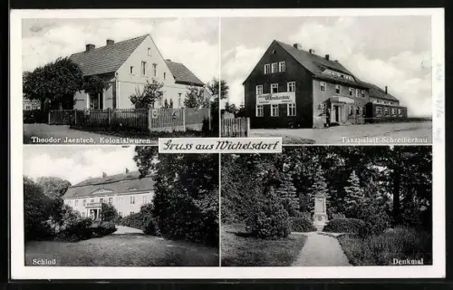 AK Wichelsdorf, Tanzpalast Schreiberhau, Geschäft von Theodor Jaentsch, Schloss und Denkmal